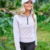 Woman smiling while wearing Black Clover Live Lucky hat in white with white stitched clover. 